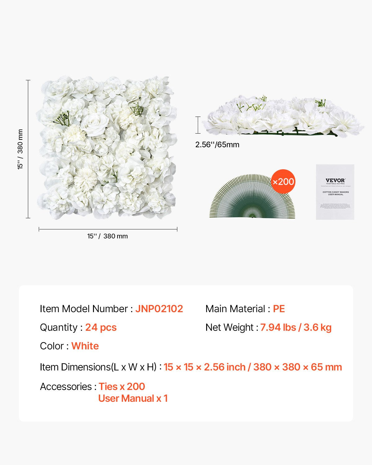 VEVOR 3D Flower Wall Panel, 24 PCS 15 x 15 inch, Artificial Floral Wall Background Mesh Backing Mat,-$95