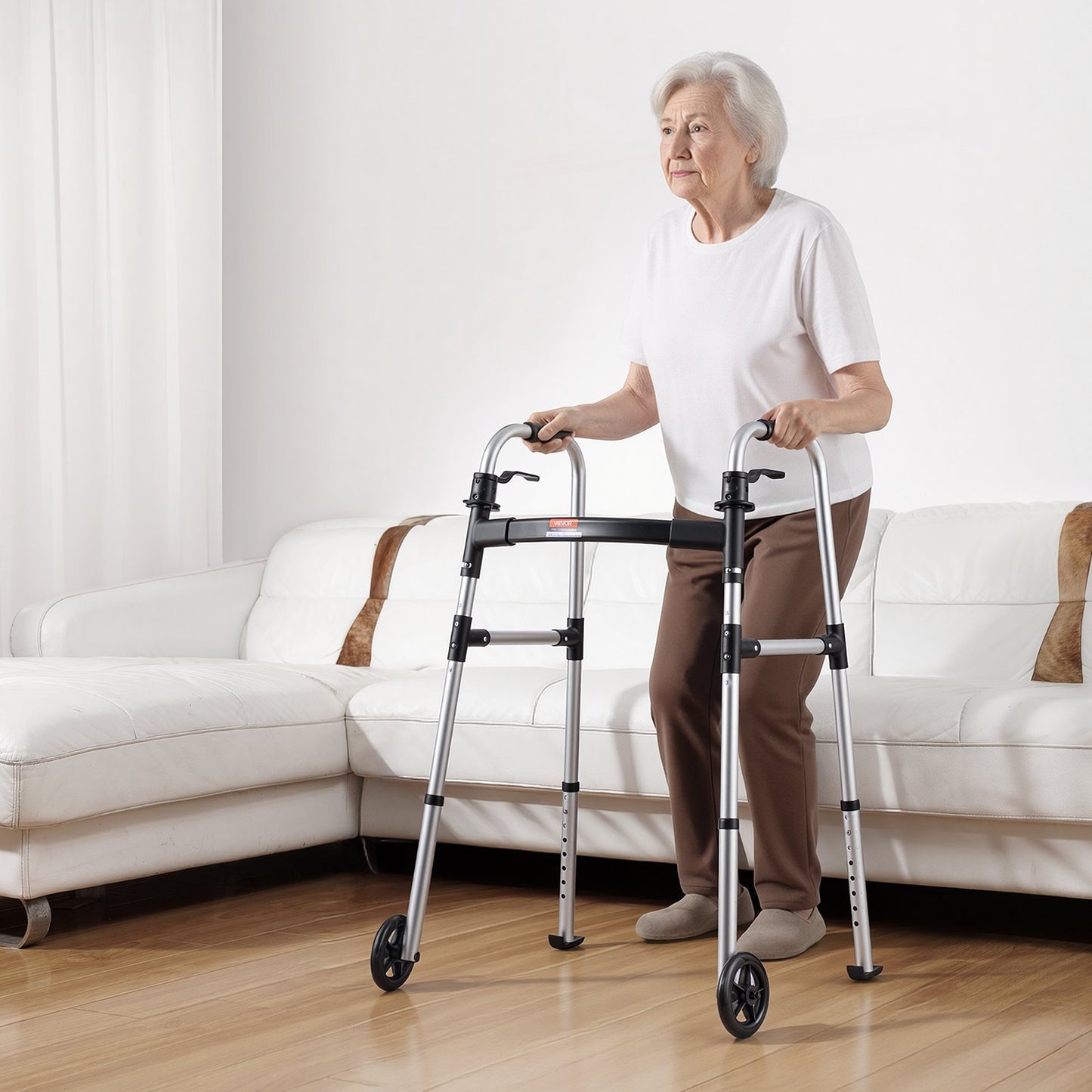 VEVOR Folding Walker, 2-Button Foldable Walker with 5" Wheels & 8-Level Adjustable Height,-$35