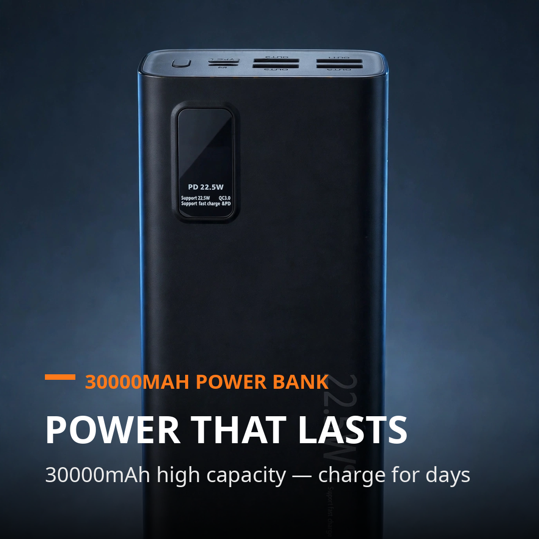 Brand New 30000mAh Power Bank, 22.5W PD+QC3.0 Fast Charge, 5-Port Portable Battery Pack -$30