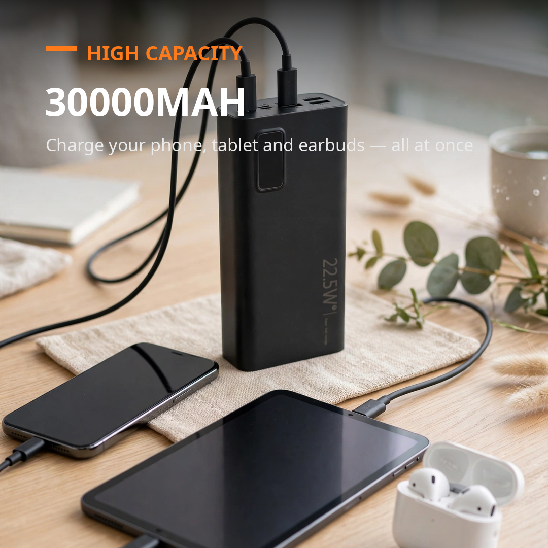 Brand New 30000mAh Power Bank, 22.5W PD+QC3.0 Fast Charge, 5-Port Portable Battery Pack -$30