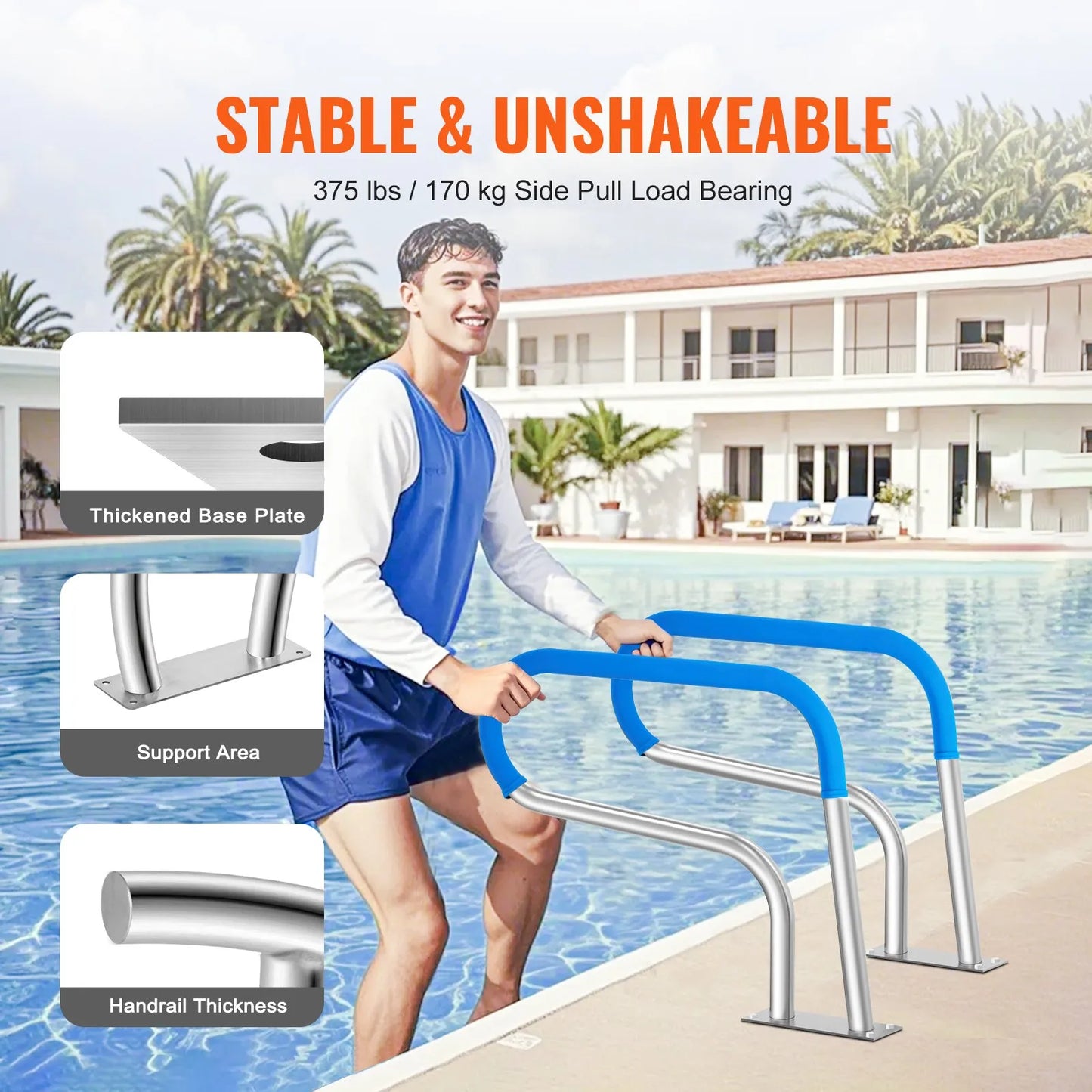 VEVOR Pool Handrail, 32 x 23 inch Pool Railing, Stainless Steel with Base Plate for Indoor/Outdoor Pools,-$60