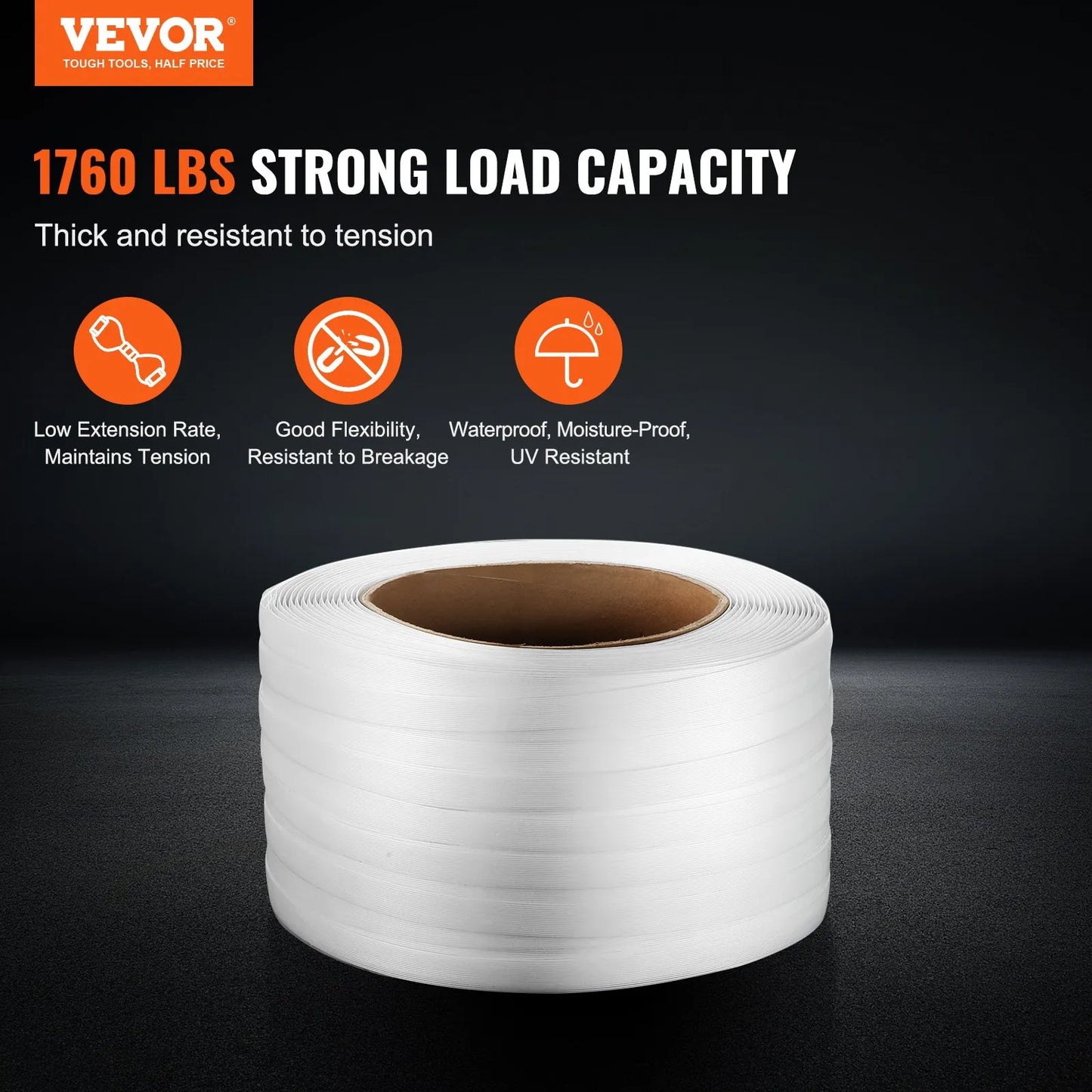 VEVOR Packaging Woven Cord Strapping Roll, 1640' Length x 3/4" Width x 0.03" Thickness,-$45