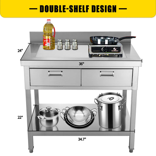 VEVOR Commercial Worktable Workstation 24 x 36 Inch Commercial Food Prep Worktable with 2 Drawers,