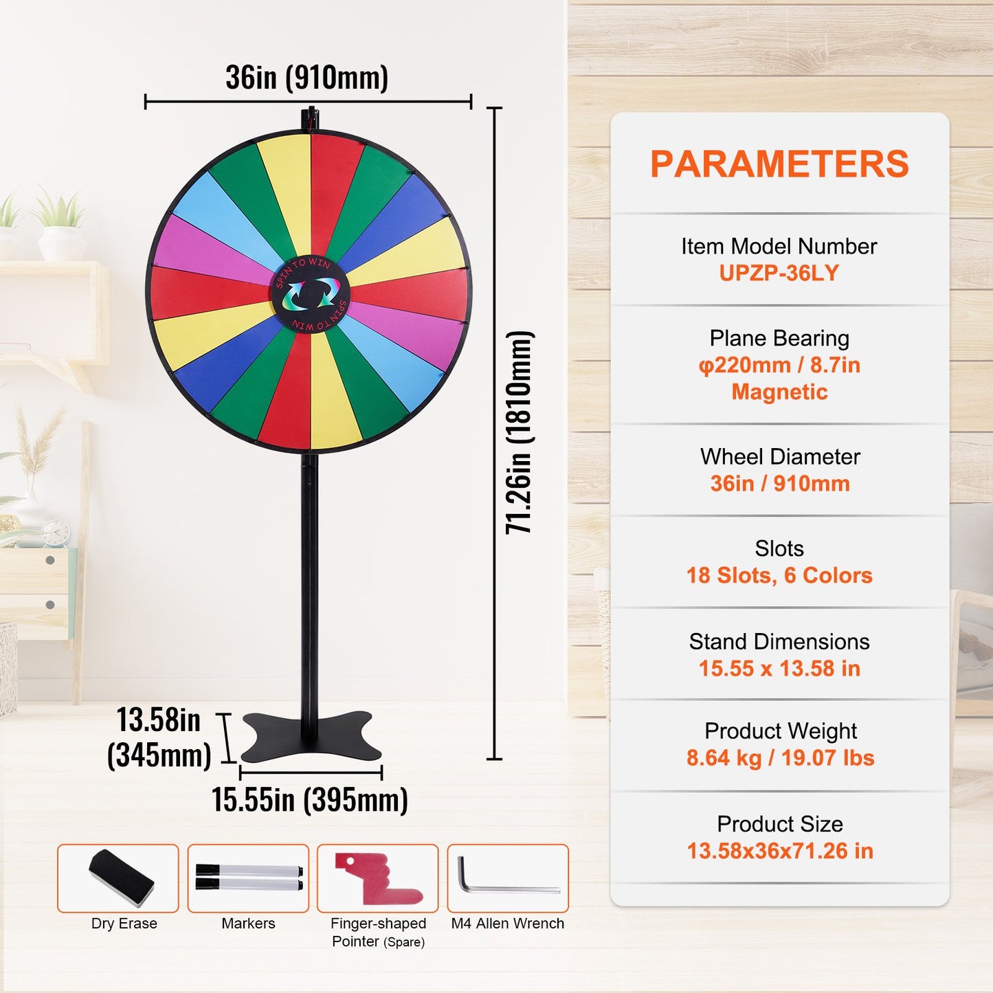 VEVOR 36 inch Spinning Prize Wheel, 18 Slots Spinning Wheel, Roulette Wheel with a Dry Erase and 2 Markers