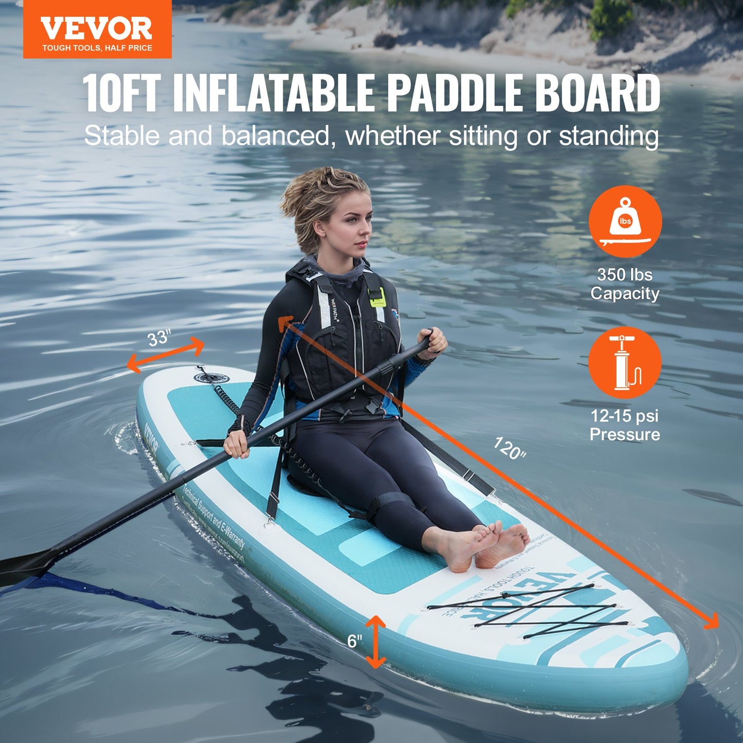 VEVOR Inflatable Stand Up Paddle Board, 10' x 33" x 6" Wide SUP Paddleboard with Removable Kayak Seat,-$150