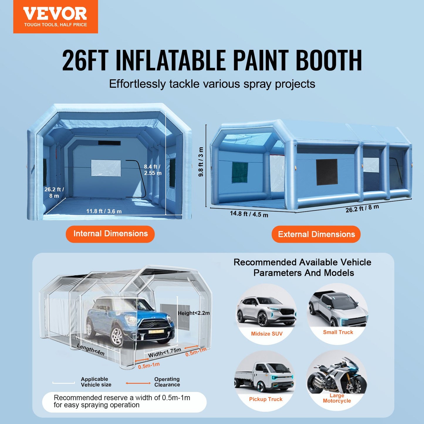 VEVOR Inflatable Paint Booth, 26.2 x 14.8 x 9.8 ft Inflatable Spray Booth, with 950W+750W Powerful Blowers,