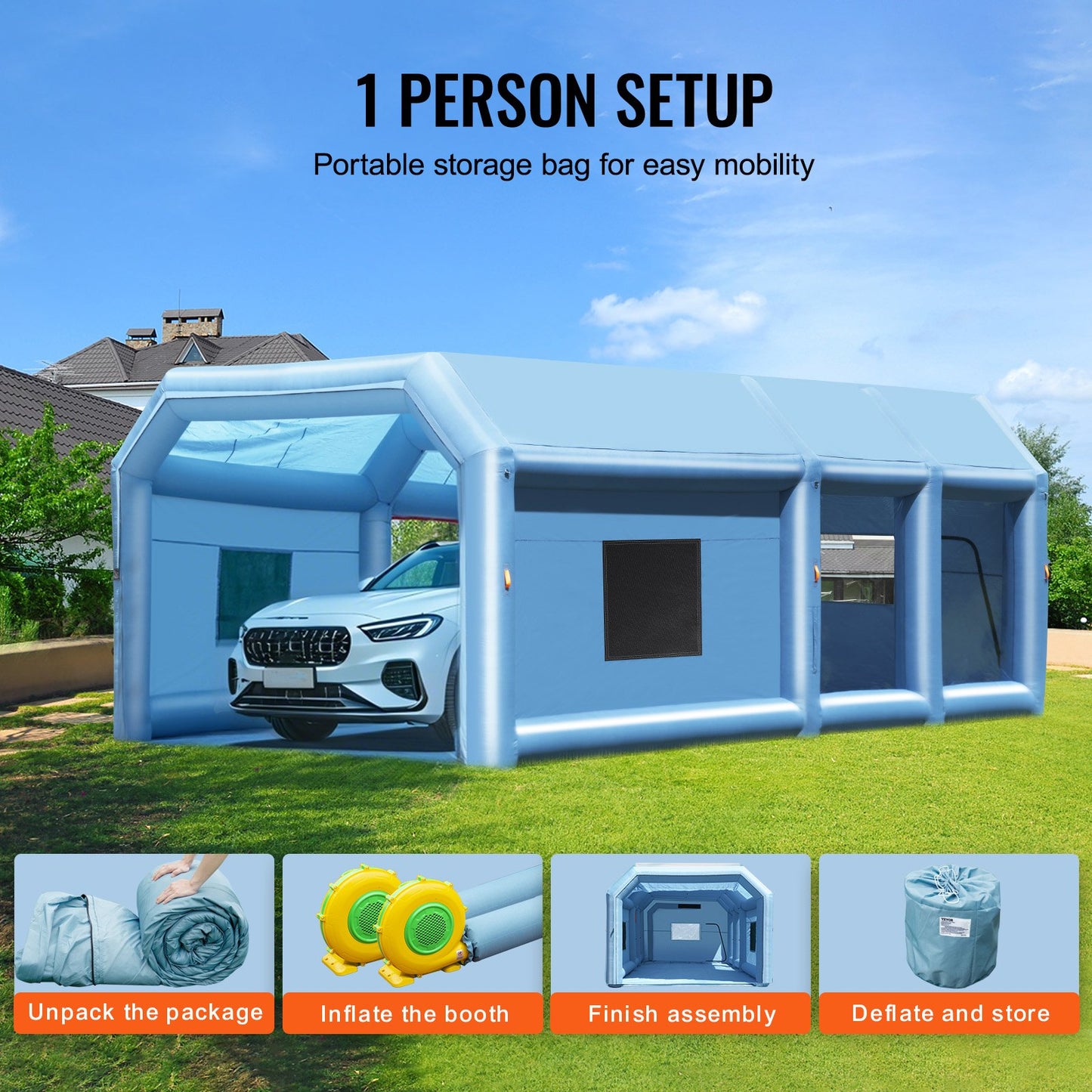 VEVOR Inflatable Paint Booth, 26.2 x 14.8 x 9.8 ft Inflatable Spray Booth, with 950W+750W Powerful Blowers,