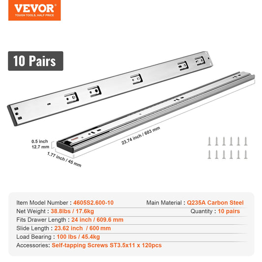 VEVOR Drawer Slides Side Mount Rails, Soft-Close 10 Pairs 24 Inch, Heavy Duty Full Extension Steel Track