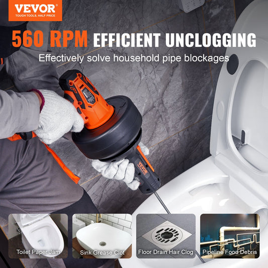 VEVOR 12V Electric Drain Auger, 25FT Cordless Plumbing Snake Auto Feed, Pipeline Snake Drain,-$50