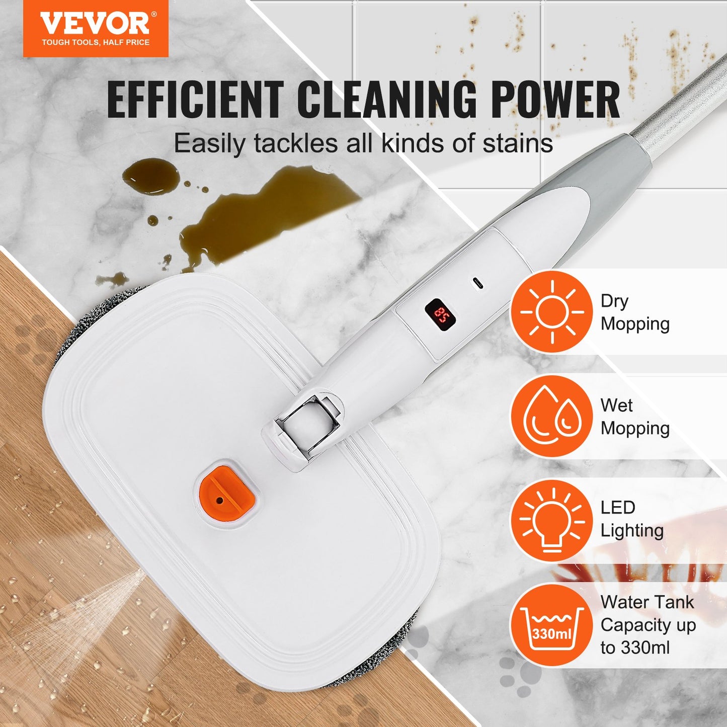 BNIB-VEVOR Cordless Electric Mop Electric Spin Mop with LED Headlight and Water Spray