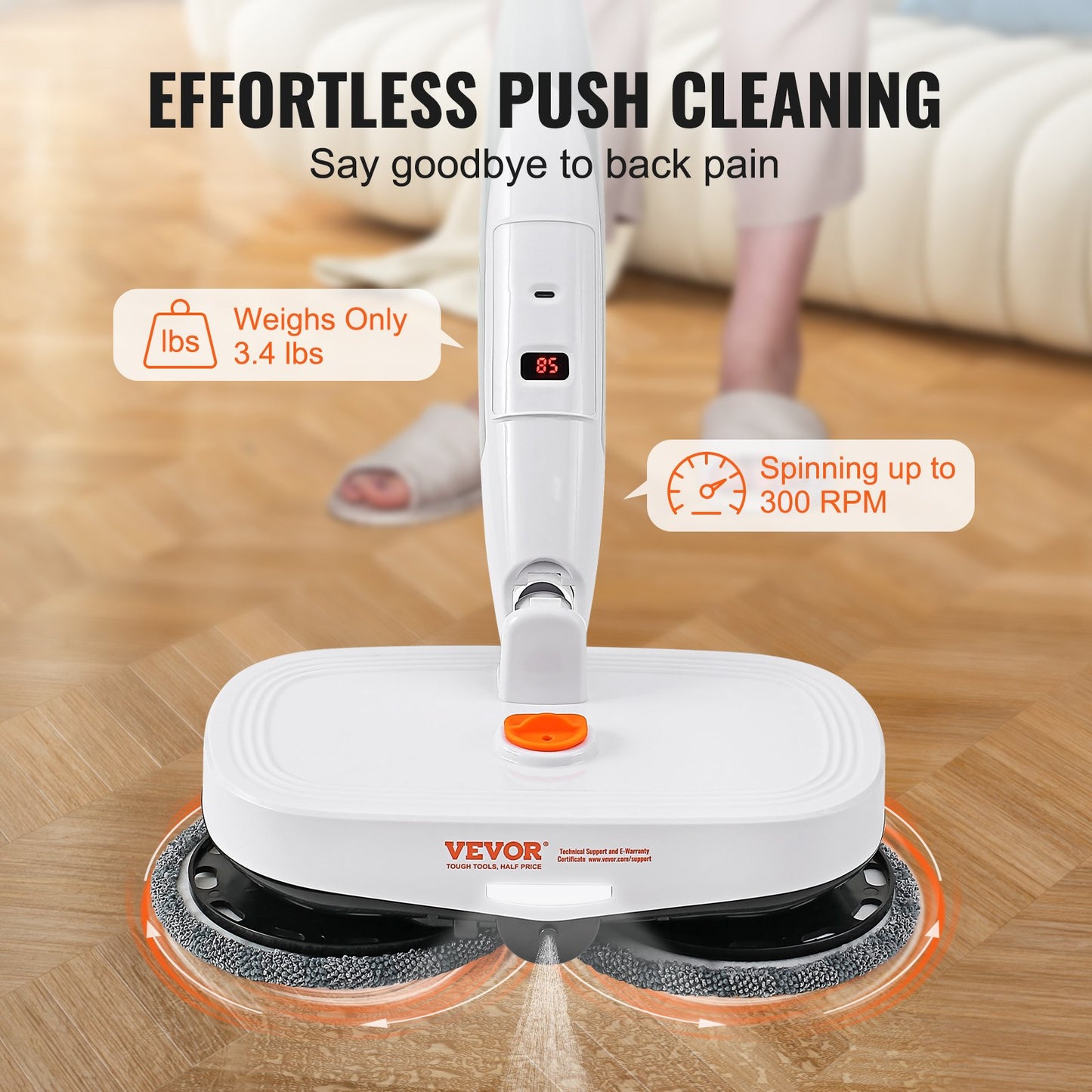 BNIB-VEVOR Cordless Electric Mop Electric Spin Mop with LED Headlight and Water Spray