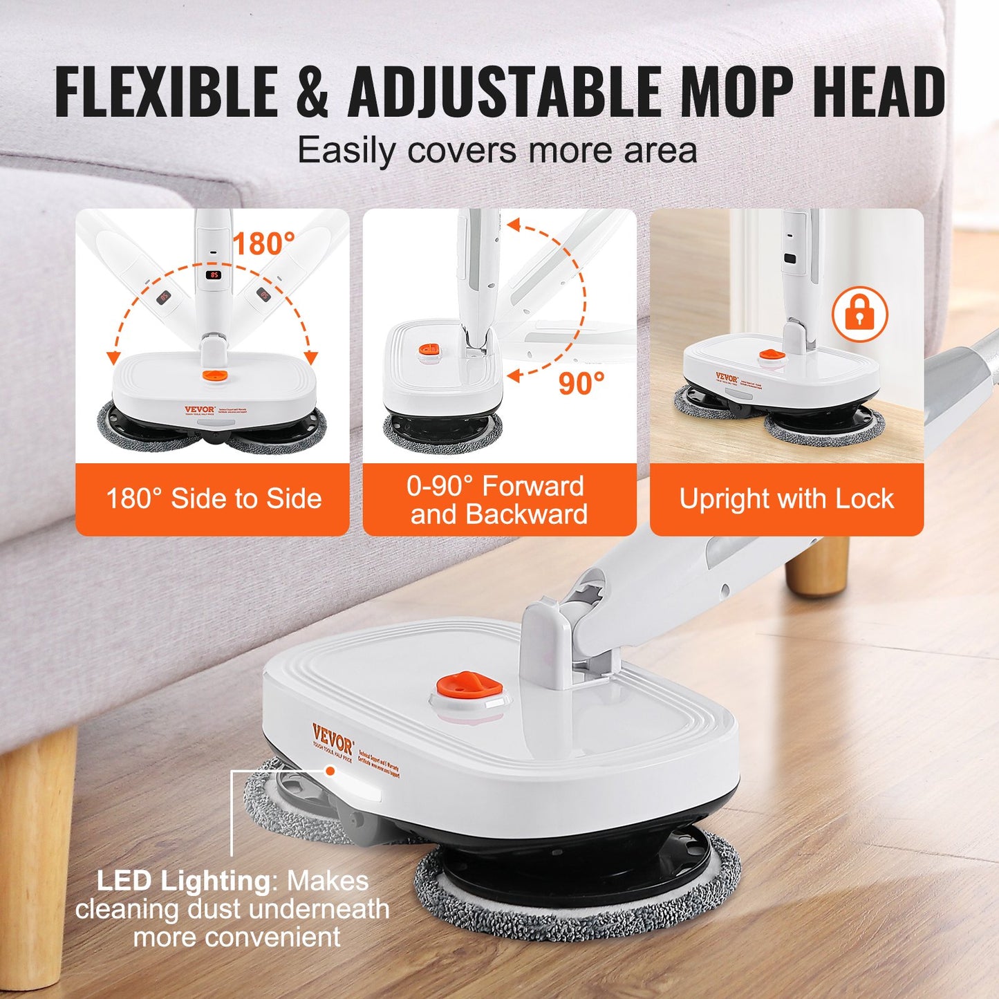 BNIB-VEVOR Cordless Electric Mop Electric Spin Mop with LED Headlight and Water Spray
