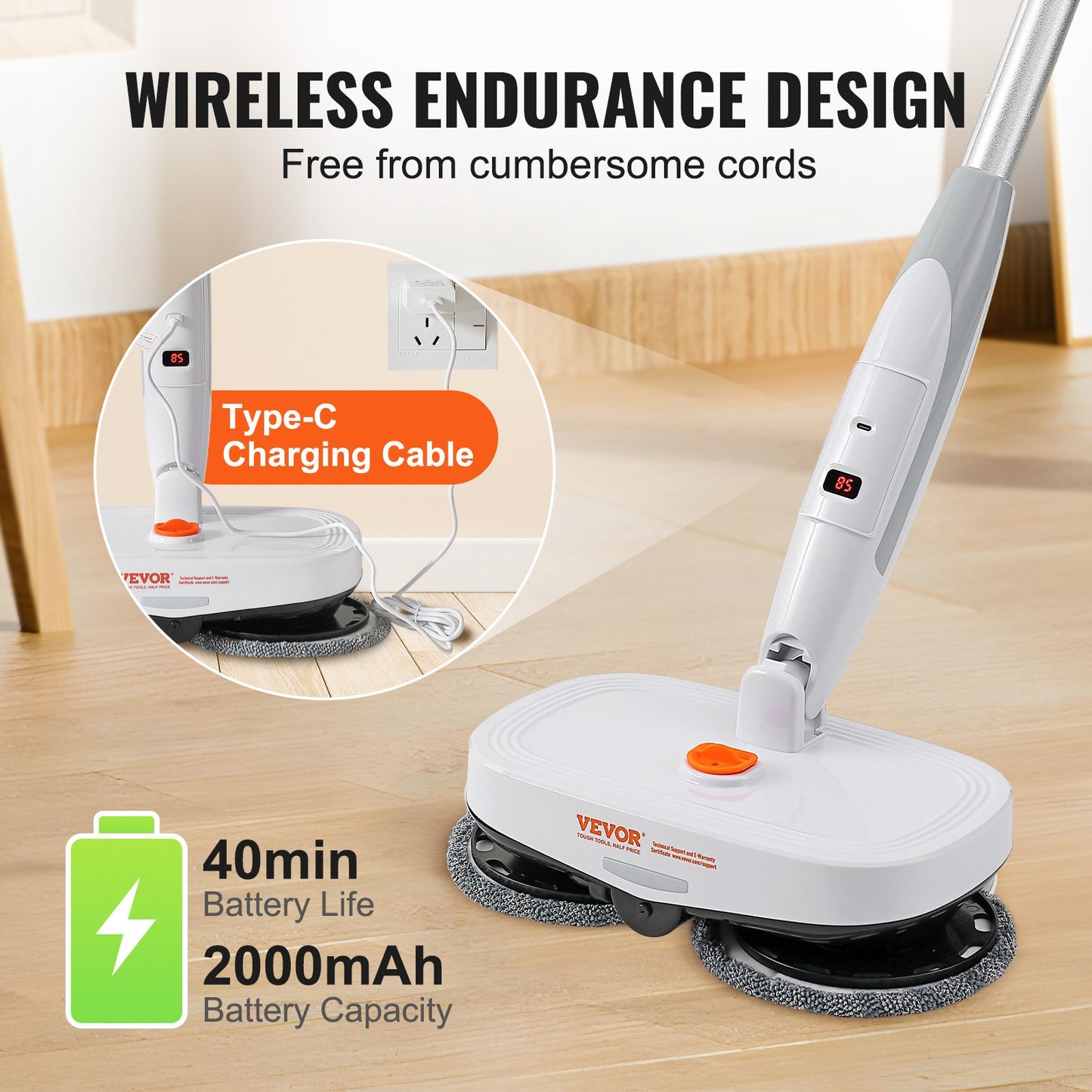 BNIB-VEVOR Cordless Electric Mop Electric Spin Mop with LED Headlight and Water Spray