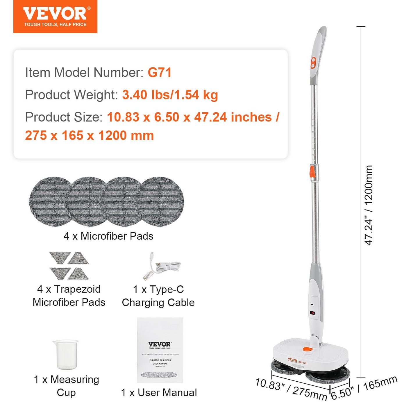 BNIB-VEVOR Cordless Electric Mop Electric Spin Mop with LED Headlight and Water Spray