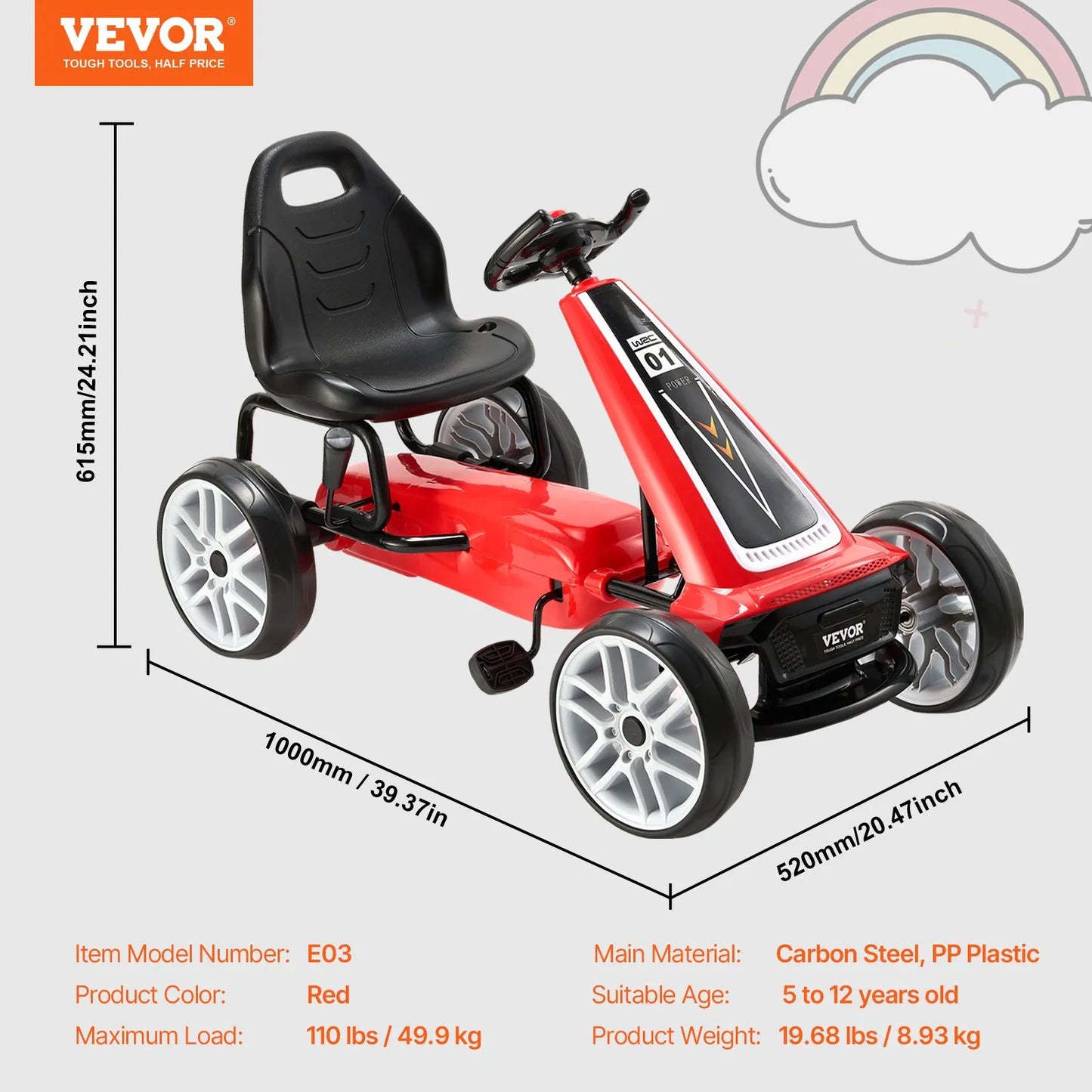 VEVOR Kids Pedal Go Kart, 4 Wheel Off-Road Pedal Go Cart Ride On Toy for Kids, Steering Wheel, Ages 5-12,-$100