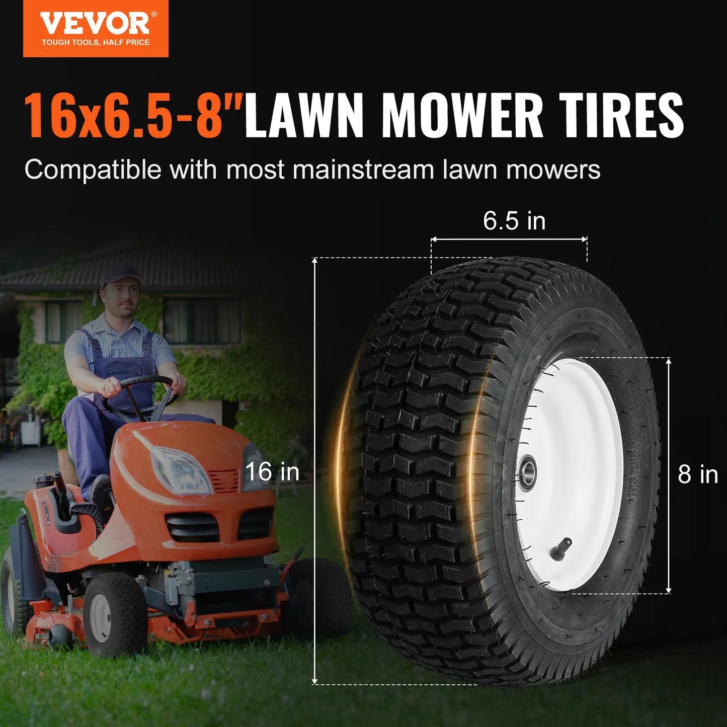 VEVOR Lawn Mower Tires with Rim, 16x6.5-8" Tubeless Tractor Tires, 2-Pack Tire and Wheel Assembly,-$100