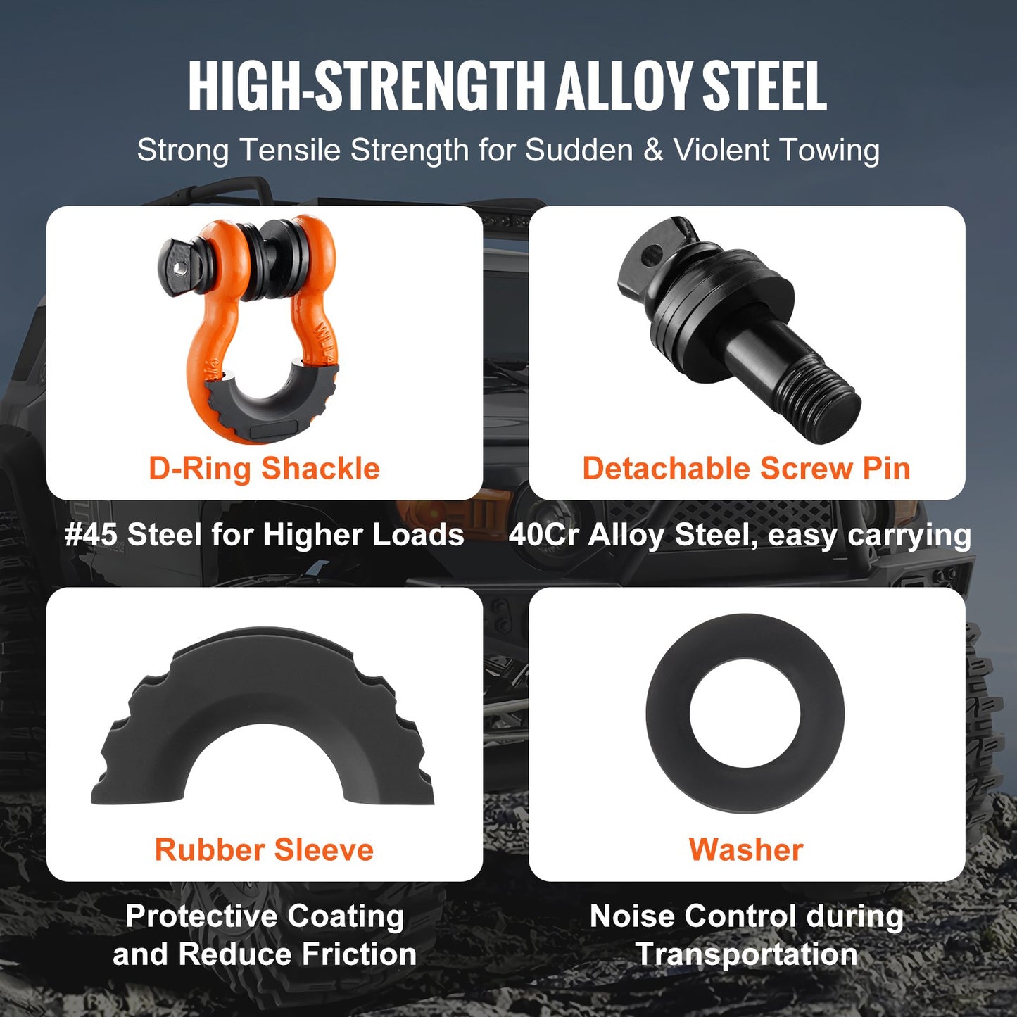 VEVOR 3/4" D-Ring Shackle, 2 Pack Alloy Steel Shackles 62832 lbs (28.5 Ton) Break Strength with 7/8" Screw Pin