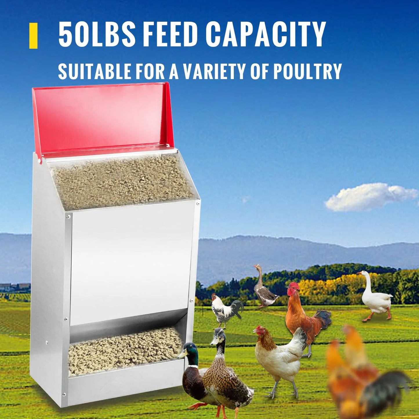 VEVOR Galvanized Poultry Feeder Holds 50lbs of Feed Chicken Feeders No Waste 13.8x11x25.6in-$60