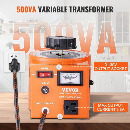 VEVOR 500VA Auto Variable Voltage Transformer, 3.84 Amp, 110V Input 0-130V Output AC Voltage,-$40