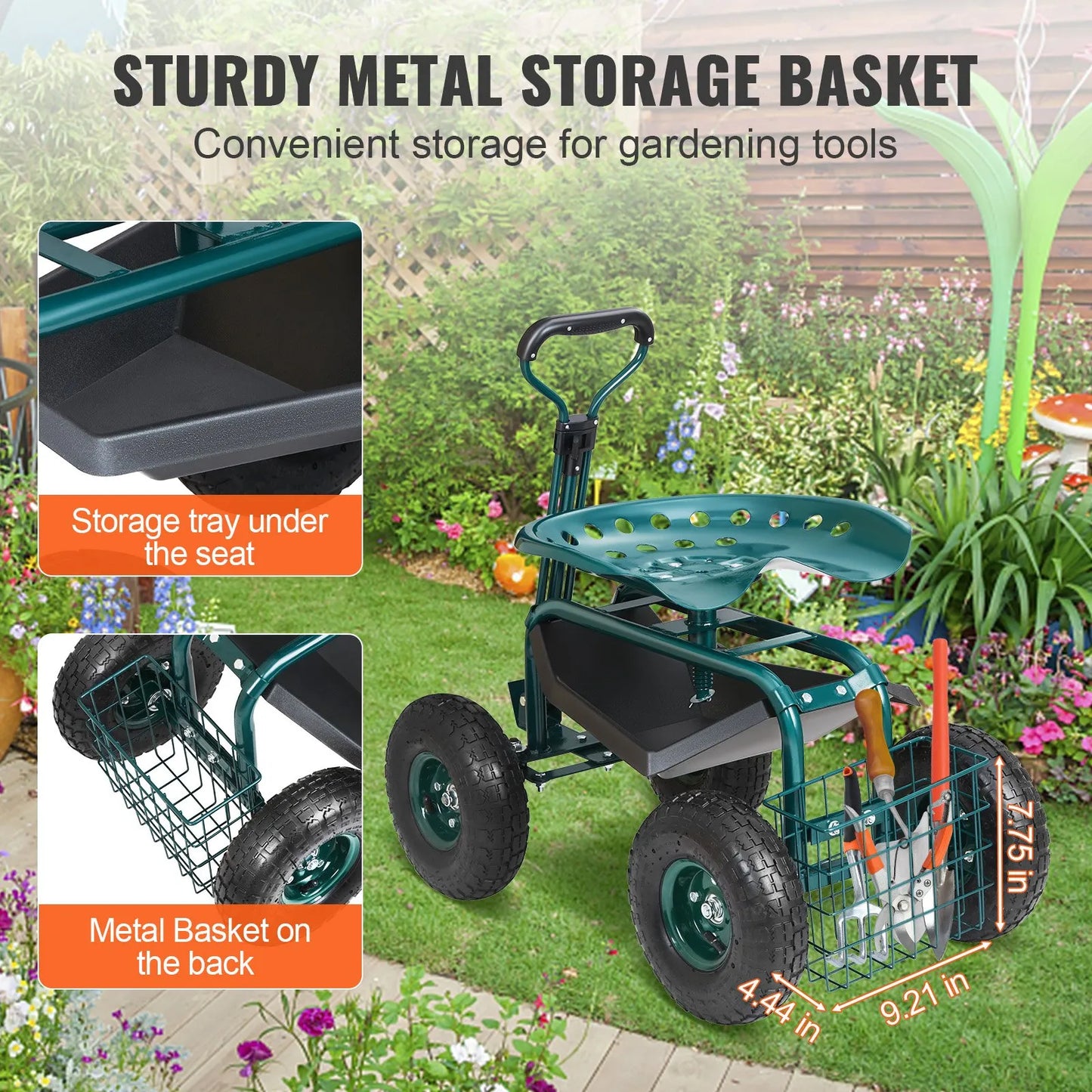 VEVOR Garden Cart Rolling Workseat with Wheels, Gardening Stool for Planting, 360 Degree Swivel Seat,-$80