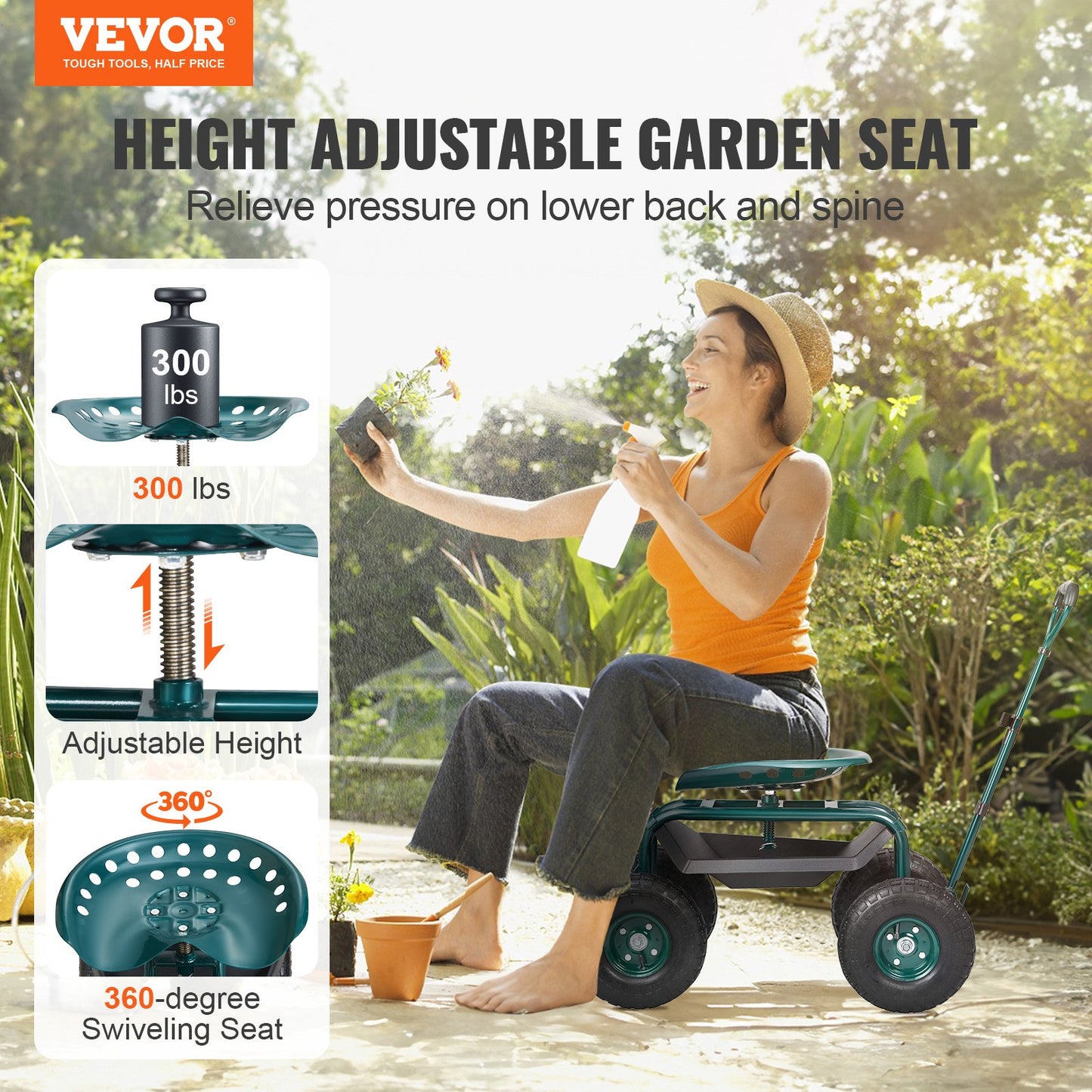 VEVOR Garden Cart Rolling Workseat with Wheels, Gardening Stool for Planting, 360 Degree Swivel Seat,-$80