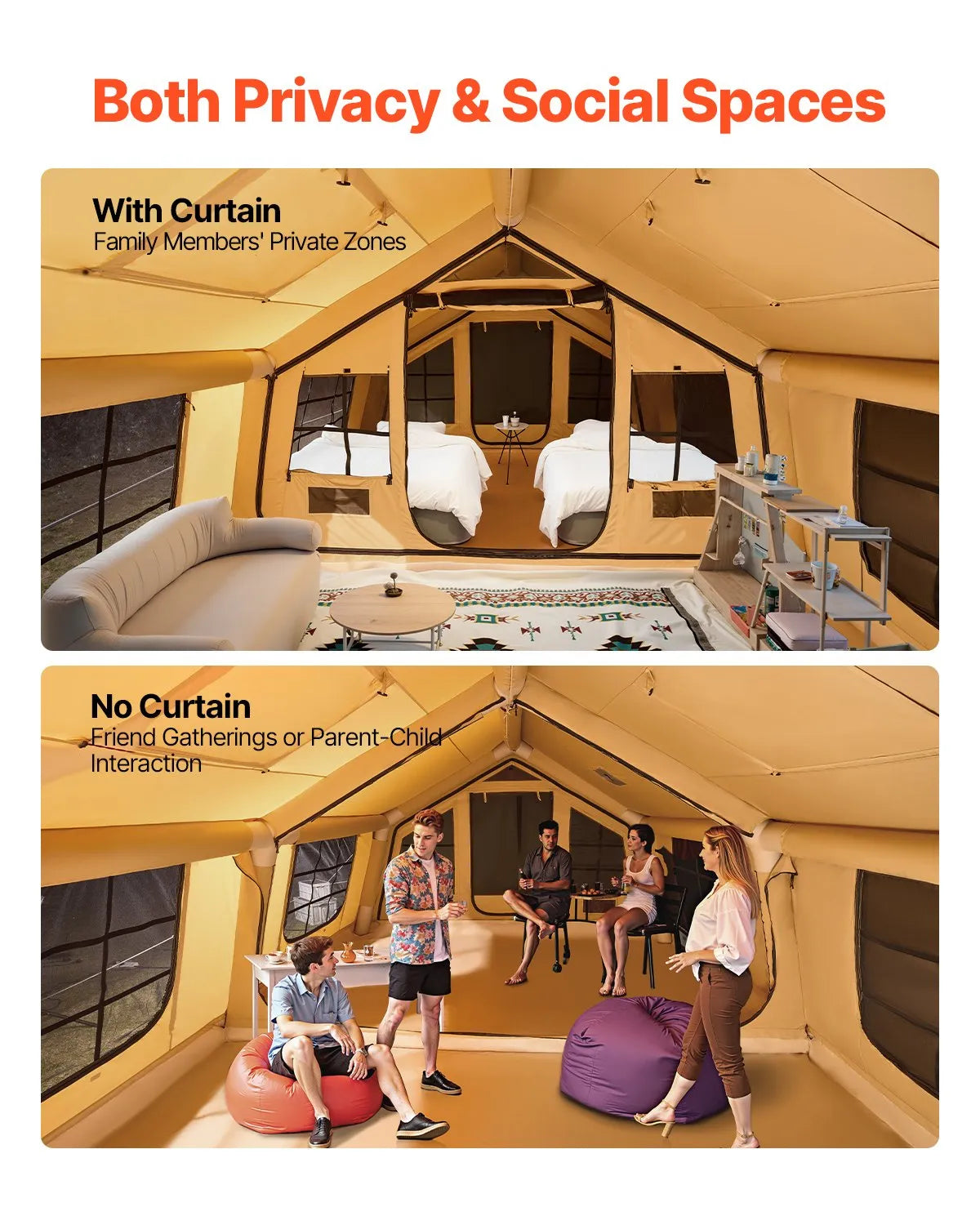 VEVOR Inflatable Tents for Camping, 8-12 Person Easy Setup Blow up Tent with Hand Pump, with 2 Skylights