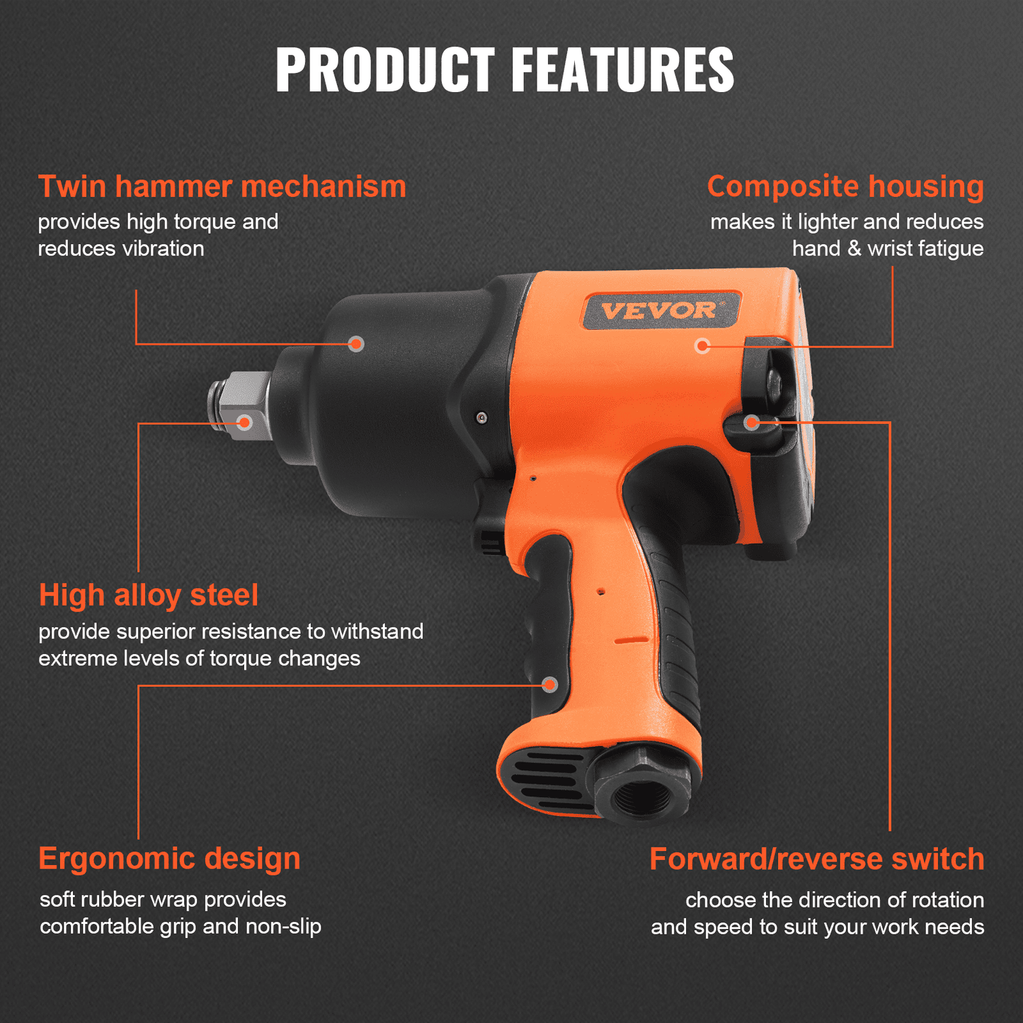 BNIB-VEVOR Air Impact Wrench, 3/4-Inch Drive Air Impact Gun, Up to 1870ft-lbs Nut-busting Torque
