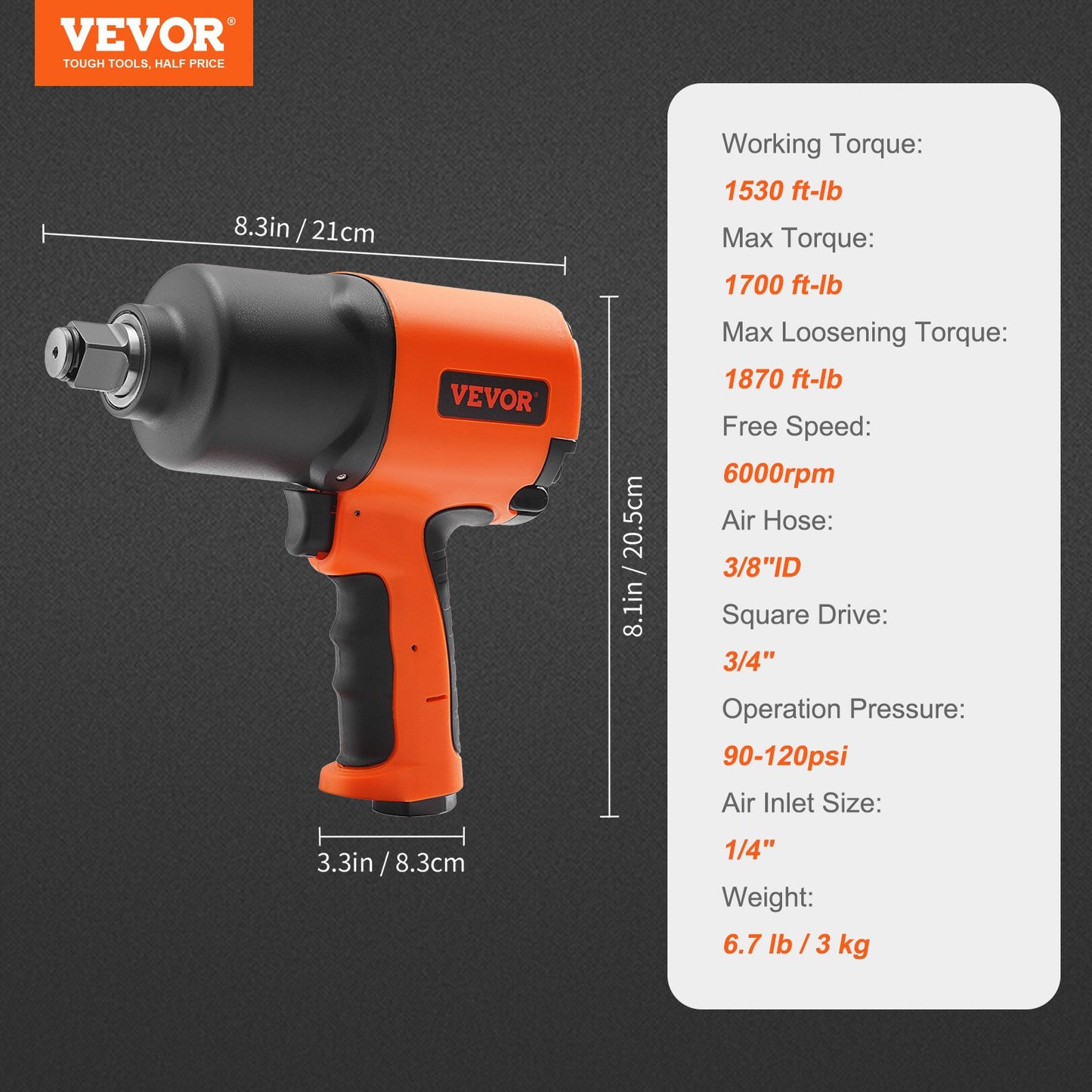 BNIB-VEVOR Air Impact Wrench, 3/4-Inch Drive Air Impact Gun, Up to 1870ft-lbs Nut-busting Torque