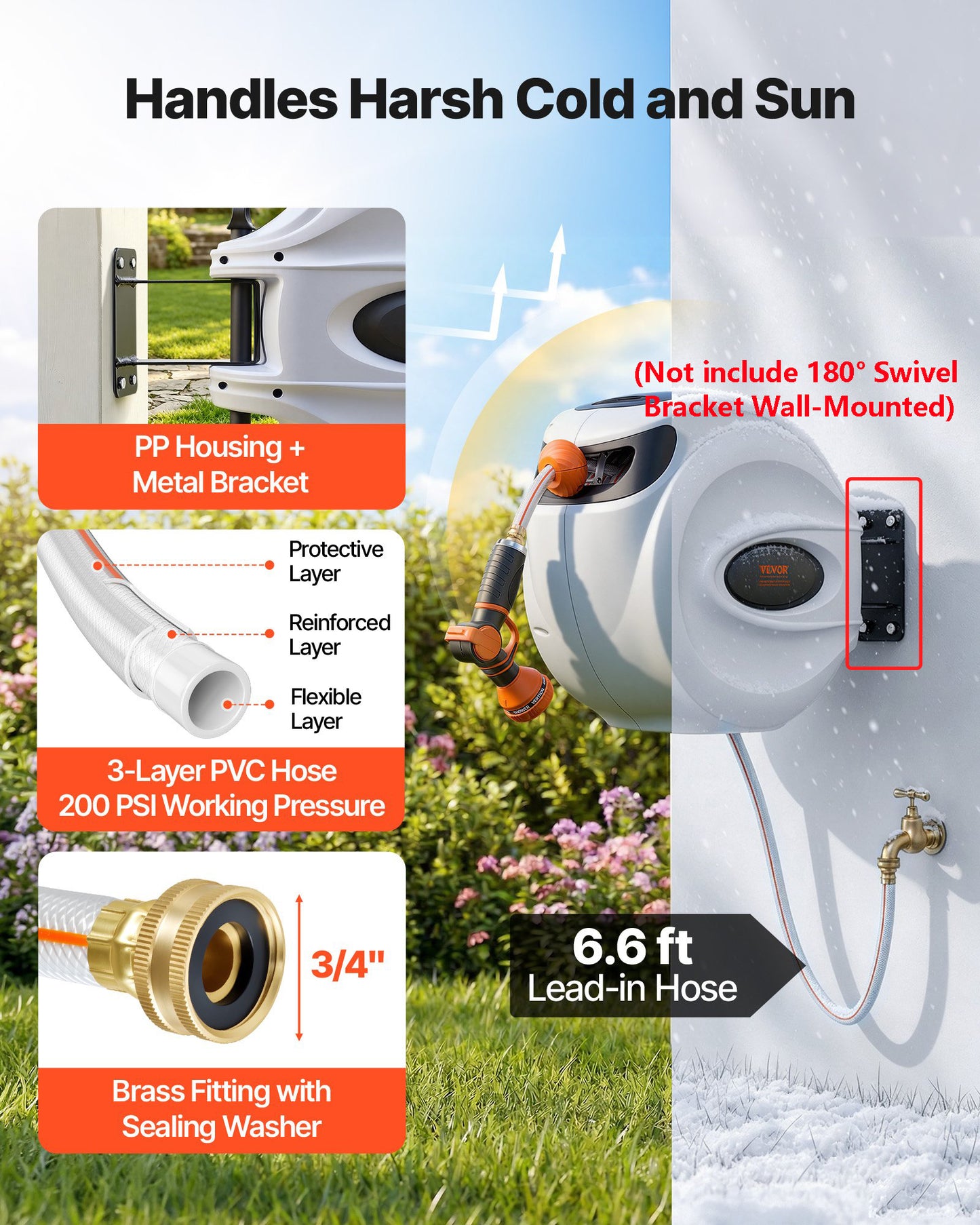 Open box VEVOR Retractable Hose Reel, 130 ft x 1/2 inch,(Not include 180° Swivel Bracket Wall-Mounted),-$80