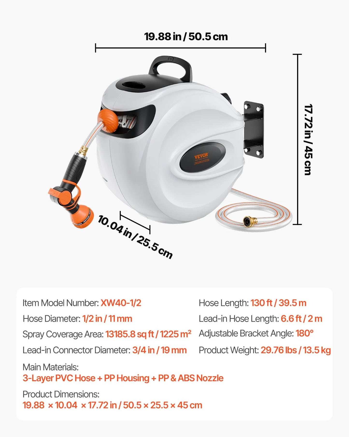 Open box VEVOR Retractable Hose Reel, 130 ft x 1/2 inch,(Not include 180° Swivel Bracket Wall-Mounted),-$80
