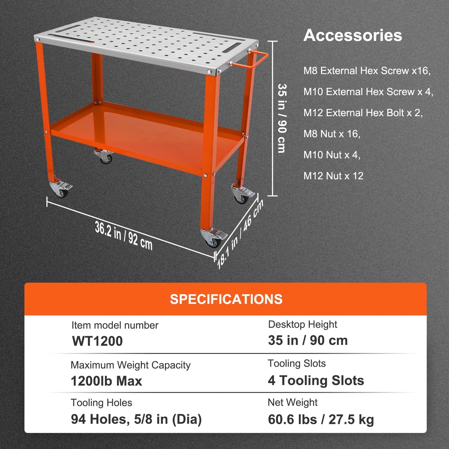 VEVOR 36" x 18" Welding Table, 1200lbs Load Capacity Steel Welding Workbench Table on Wheels,-$120