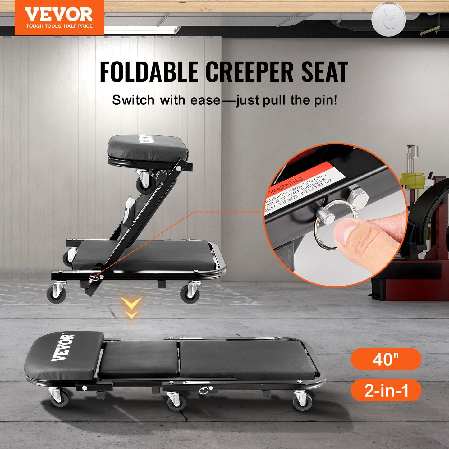VEVOR Foldable Z Garage Creeper, 40 in, 450 lbs Load Capacity Rolling Folding Mechanic Creeper Stool,-$55