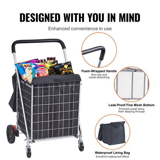 VEVOR Folding Shopping Cart, 200 lbs Max Load Capacity, Grocery Utility Cart with Rolling Swivel Wheels/ Bag,-$40