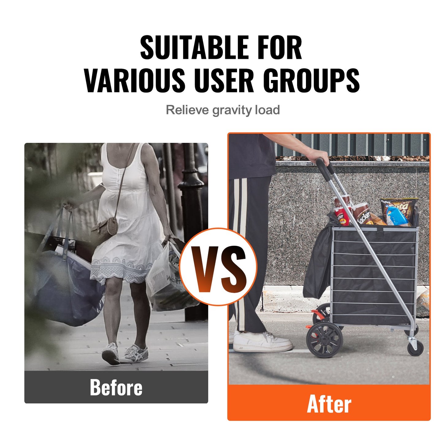 VEVOR Folding Shopping Cart, 200 lbs Max Load Capacity, Grocery Utility Cart with Rolling Swivel Wheels/ Bag,-$40