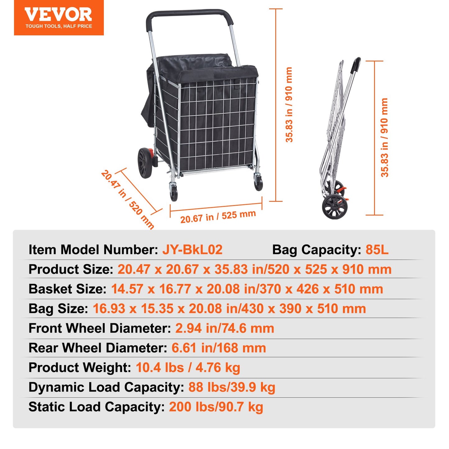 VEVOR Folding Shopping Cart, 200 lbs Max Load Capacity, Grocery Utility Cart with Rolling Swivel Wheels/ Bag,-$40