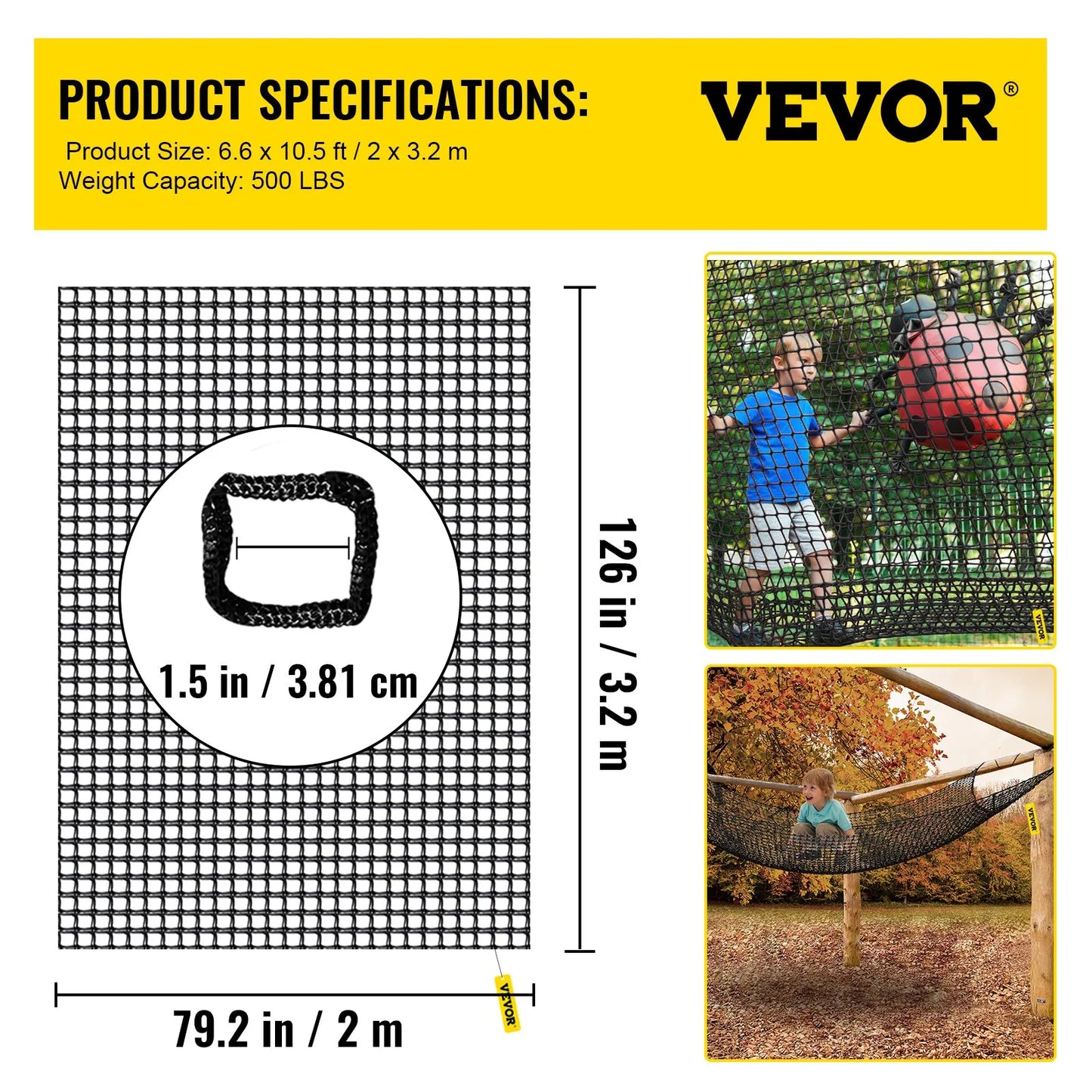 VEVOR Climbing Cargo Net, 6.6 x 10.5 ft Playground Climbing Cargo Net, Polyester Double Layers Cargo Net