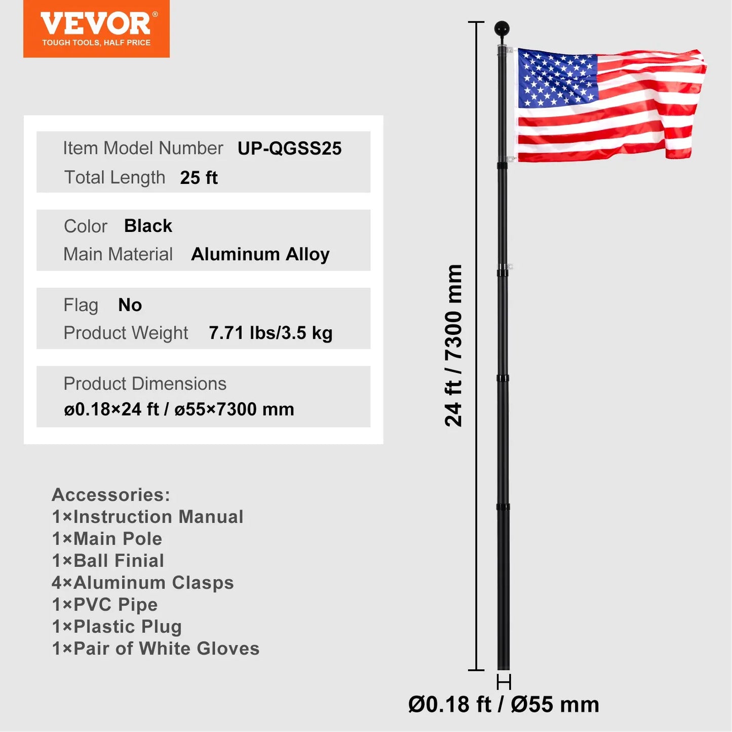 VEVOR 25FT Telescopic Flagpole Kit, Heavy Duty Aluminum Alloy Flag Pole Kit in Ground for Outside,-$50