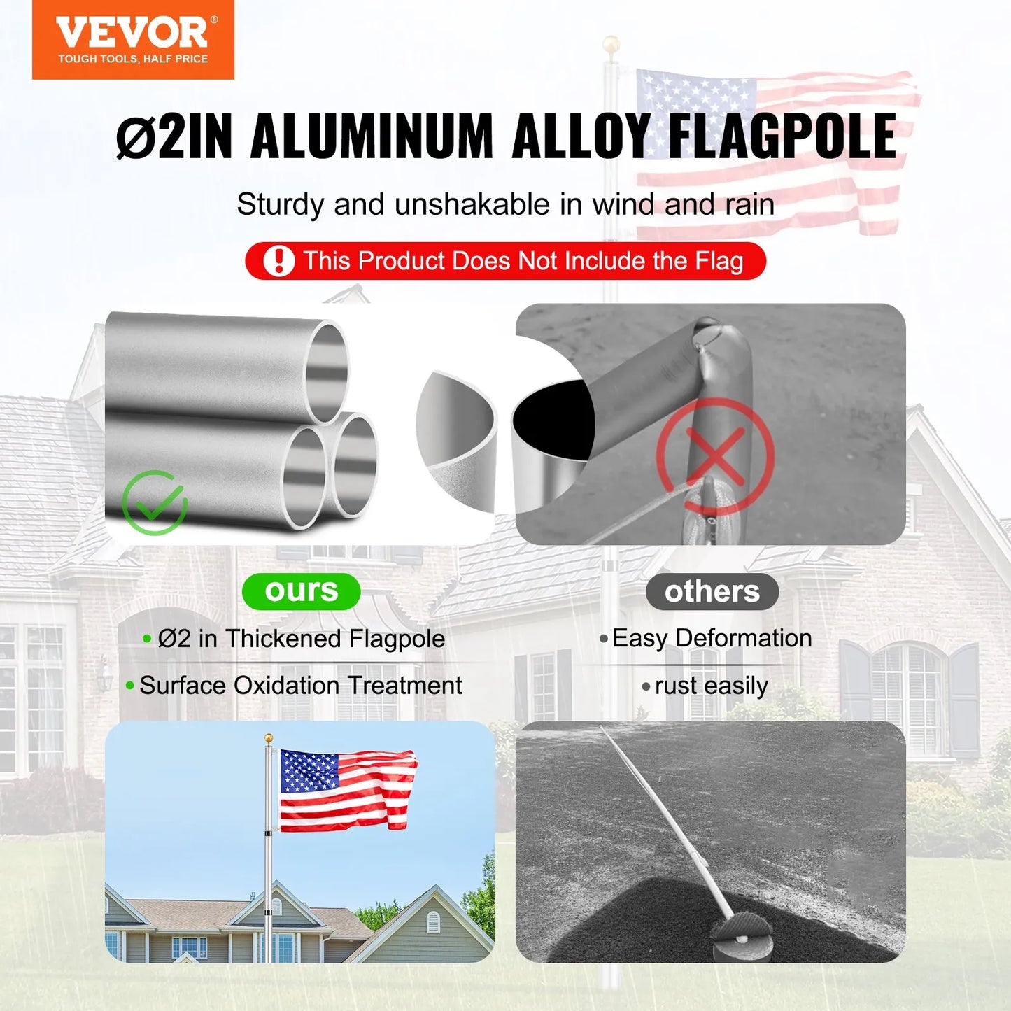 VEVOR 30FT Telescopic Flagpole Kit, Heavy Duty Aluminum Alloy Flag Pole Kit in Ground for Outside,-$55
