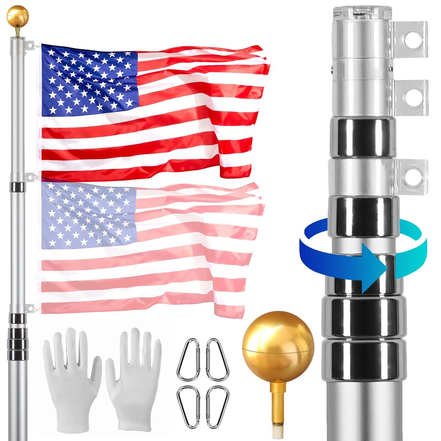 VEVOR 30FT Telescopic Flagpole Kit, Heavy Duty Aluminum Alloy Flag Pole Kit in Ground for Outside,-$55