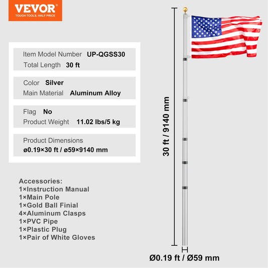 VEVOR 30FT Telescopic Flagpole Kit, Heavy Duty Aluminum Alloy Flag Pole Kit in Ground for Outside,-$55