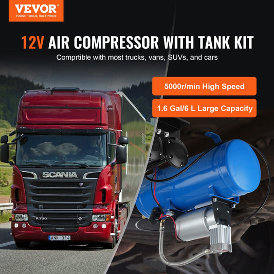 VEVOR 12V Air Compressor with Tank 1.6 Gallon/6 L, Train Horn Air Compressor, 120 psi Working Pressure,-$70