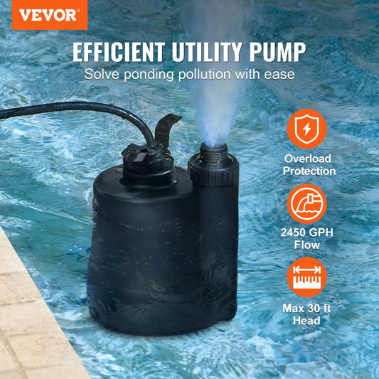 VEVOR Utility Pump, 1/3 HP, 2450 GPH High Flow, 30 ft Head, Sump Pump Submersible Water Pump,-$50