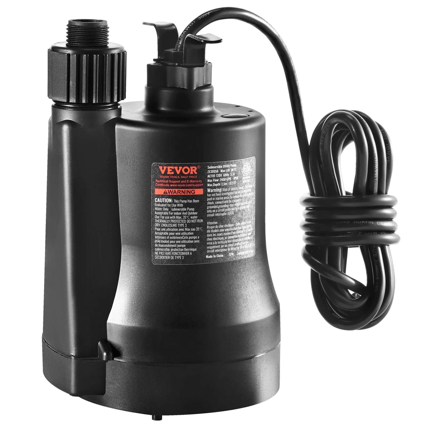 VEVOR Utility Pump, 1/3 HP, 2450 GPH High Flow, 30 ft Head, Sump Pump Submersible Water Pump,-$50