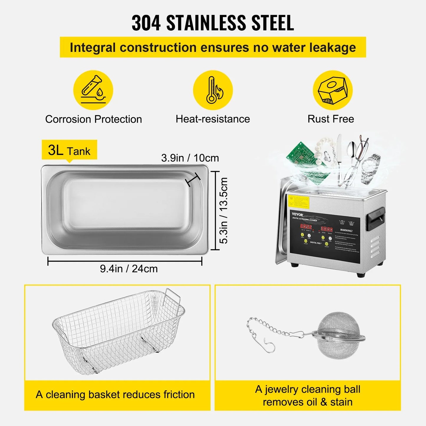 VEVOR Ultrasonic Cleaner 3L Ultrasonic Parts Cleaner 200W 40KHz Stainless Steel Ultrasonic Jewelry,-$45
