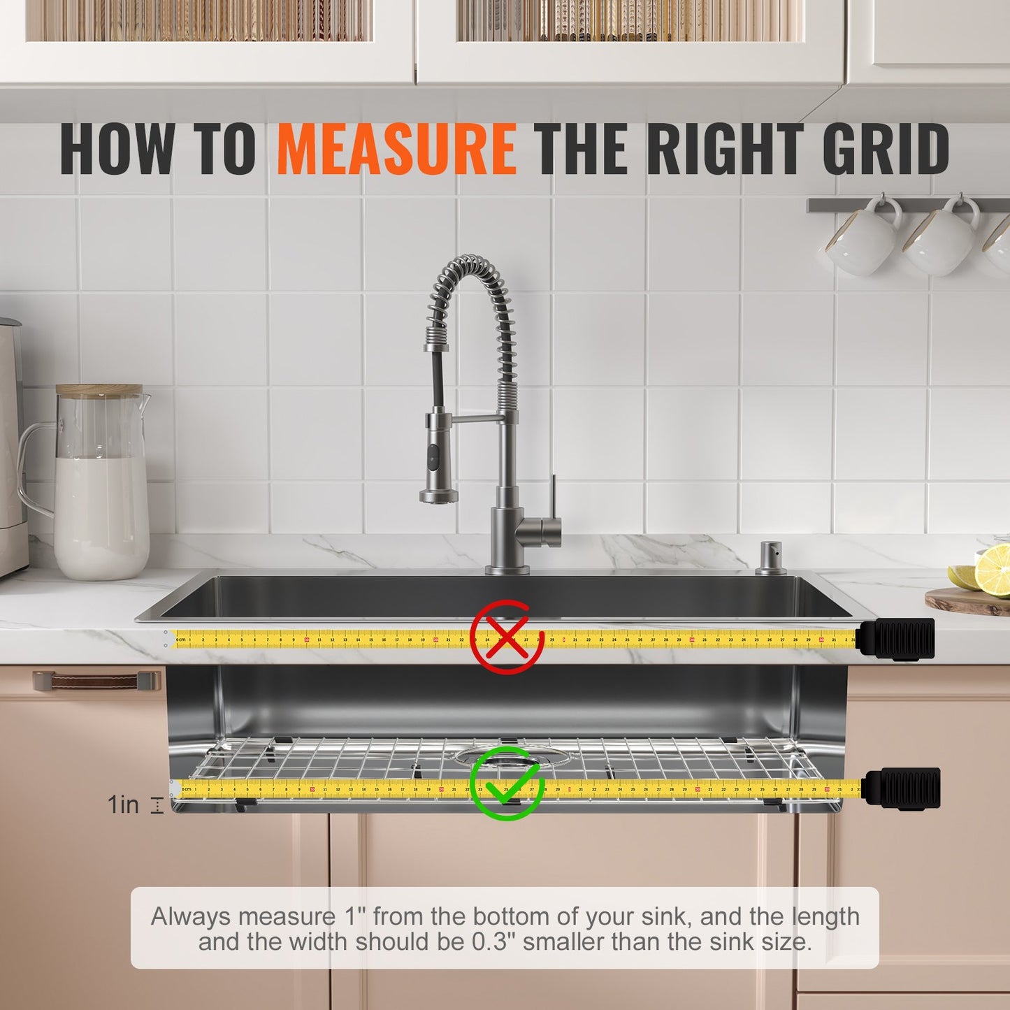 VEVOR Sink Protector Grid, 26"x14" Stainless Steel Sink Grates, Rear Drain Sink Grates W/R25 Corner Radius,