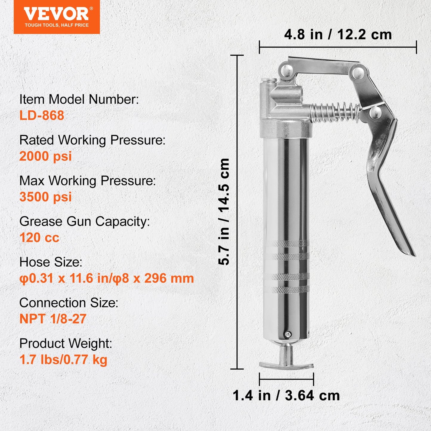 VEVOR Pistol Grip Grease Gun, 3500 PSI, 4 OZ / 120 CC Capacity Heavy Duty Professional Grease Gun