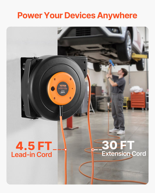 VEVOR Retractable Extension Cord Reel, 30 FT, Heavy Duty 16AWG/3C SJTOW Power Cord,-$45