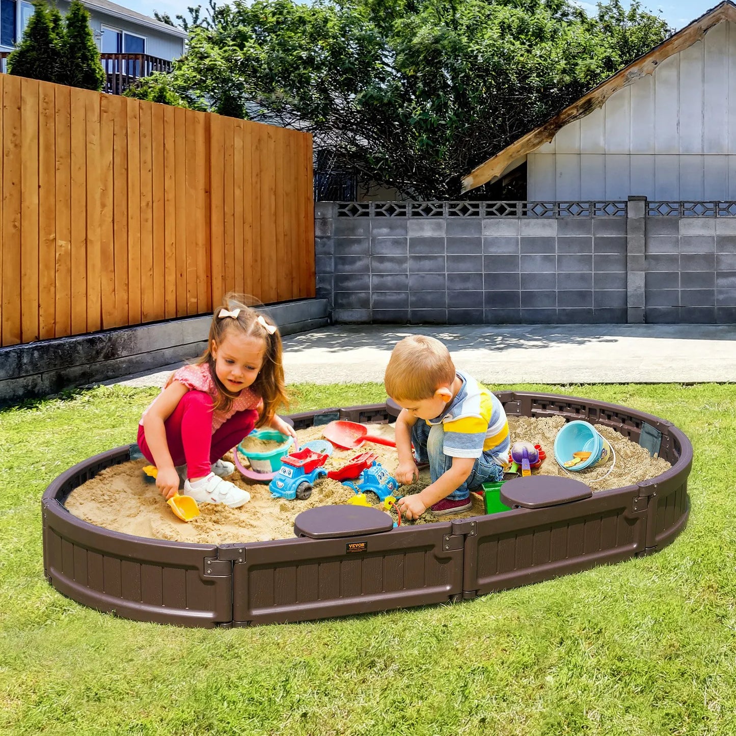 VEVOR Sandbox with Cover, 72 x 41.5 x 9.1 in Oval Sand Box, HDPE Sand Pit with 4 Corner Seating ,-$85