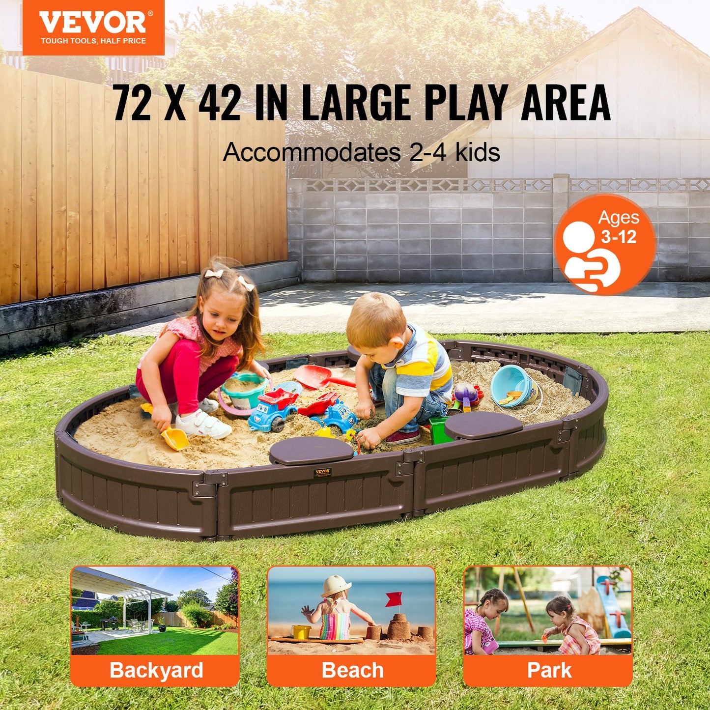 VEVOR Sandbox with Cover, 72 x 41.5 x 9.1 in Oval Sand Box, HDPE Sand Pit with 4 Corner Seating ,-$85
