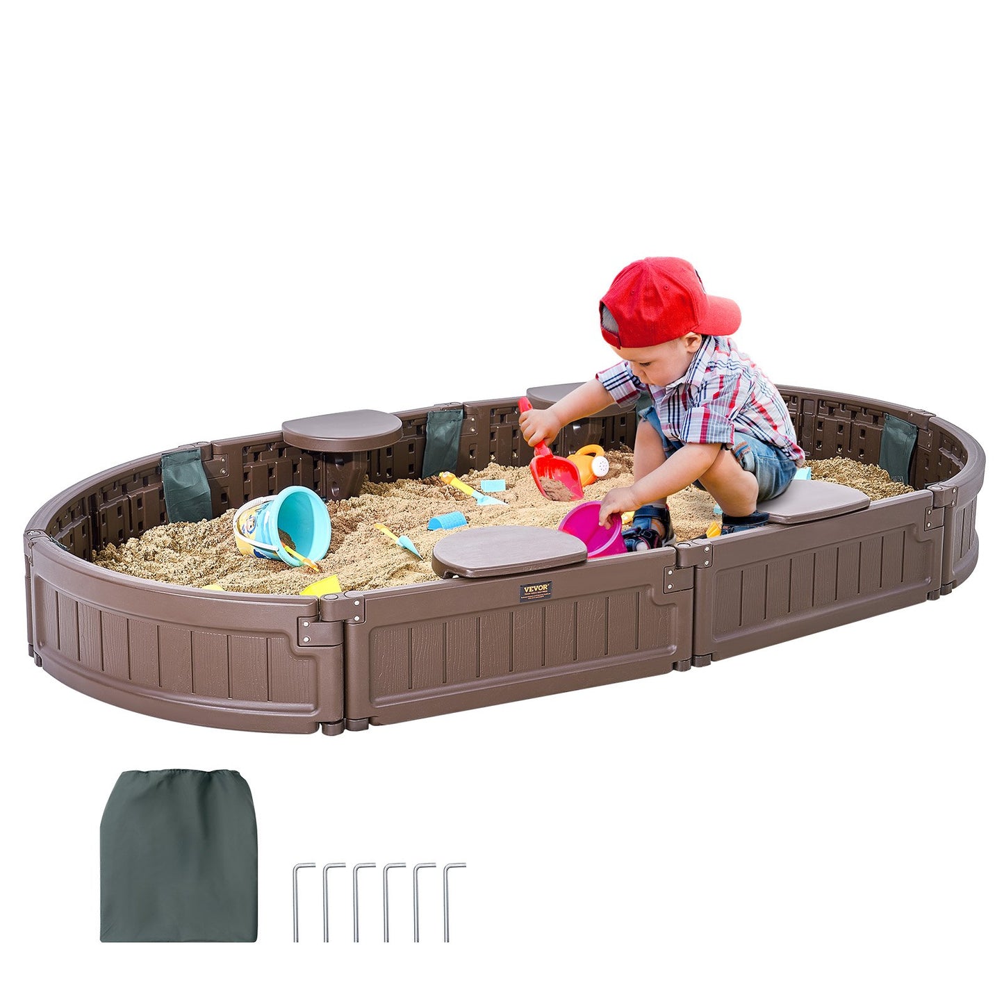 VEVOR Sandbox with Cover, 72 x 41.5 x 9.1 in Oval Sand Box, HDPE Sand Pit with 4 Corner Seating ,-$85